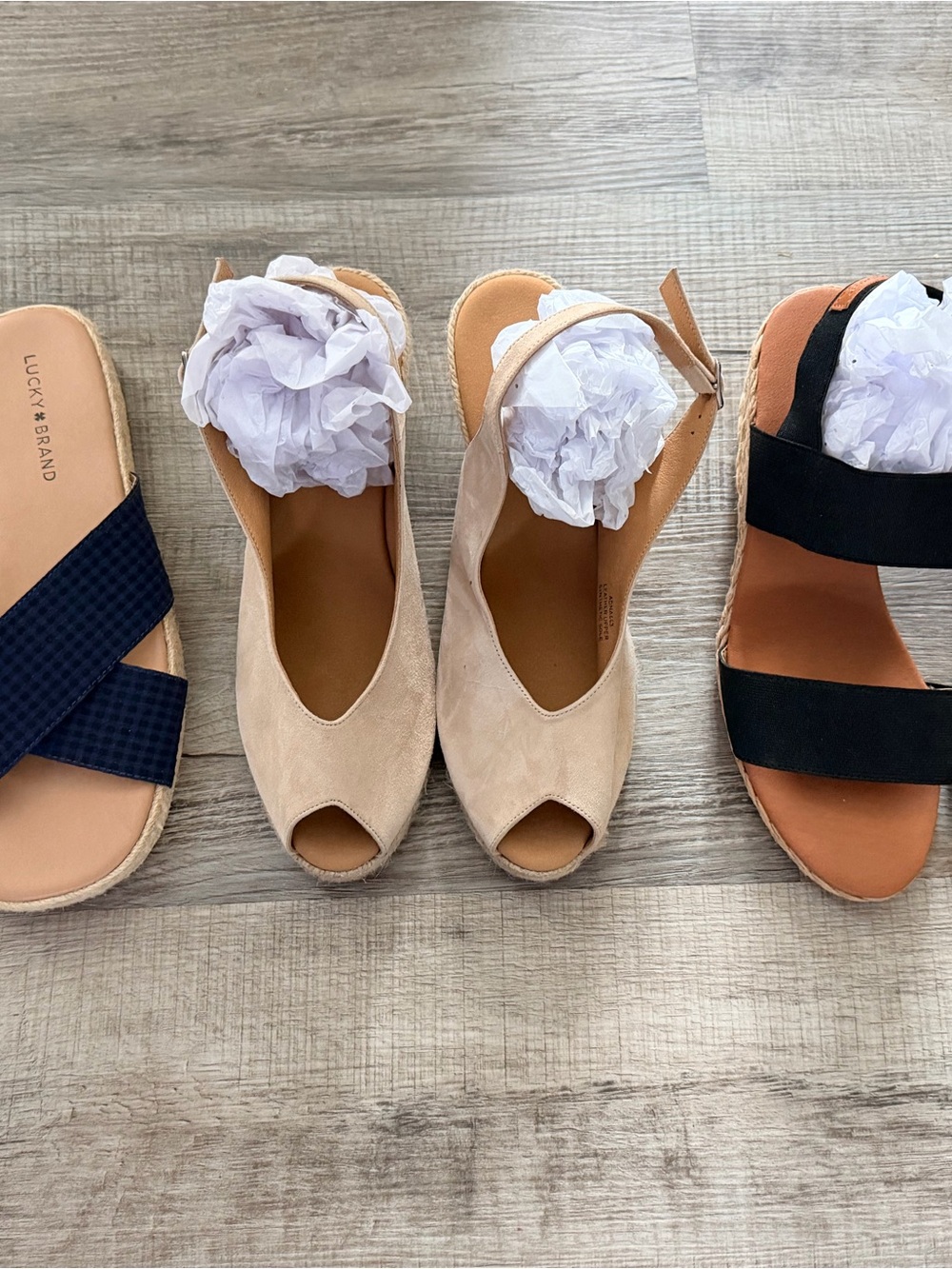 Summer Blowout Sale 3 pairs espadrille wedges. Blue, Cream, Black. 9.5 like NEW!